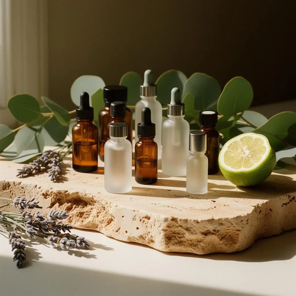 Aromatherapy oils and treatment products laid out at the D4 Season head spa in Shoreline