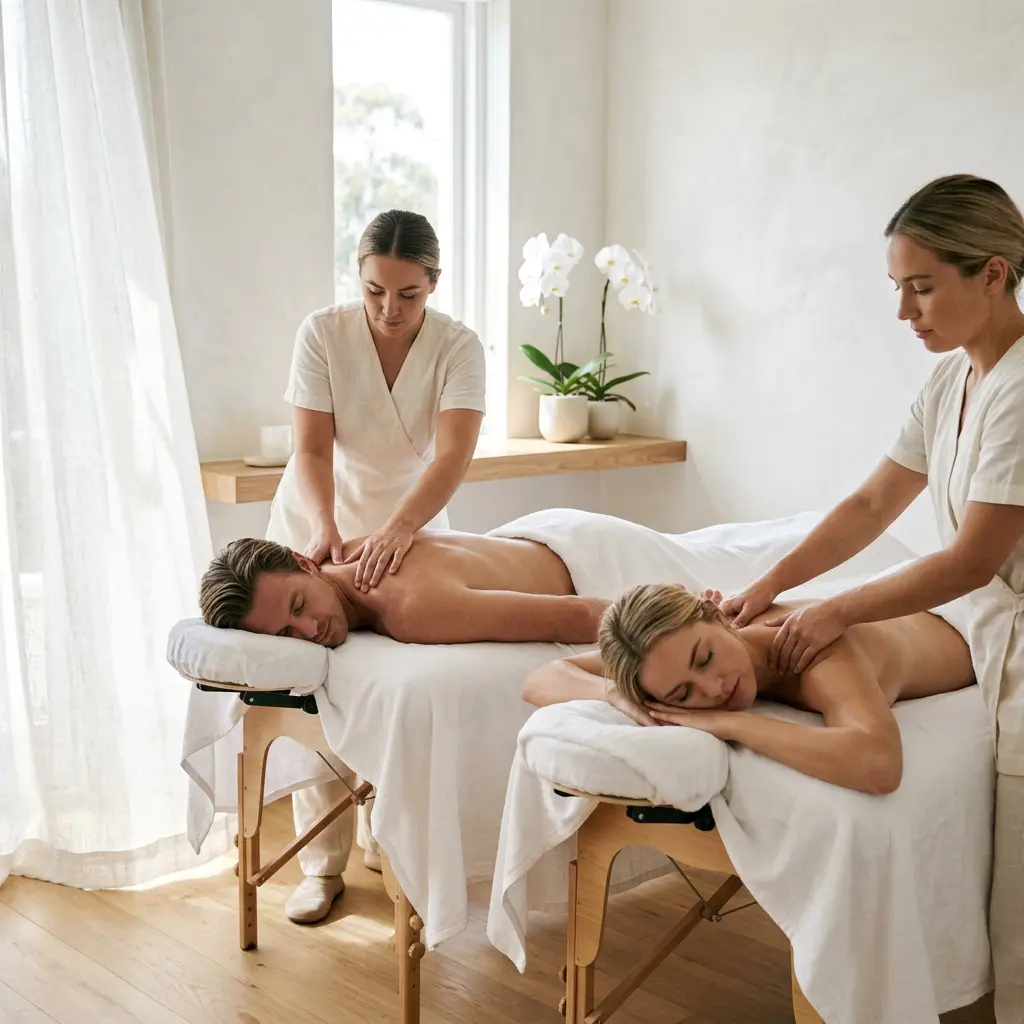 Therapists performing a relaxing couples massage at D4 Season in Shoreline, WA