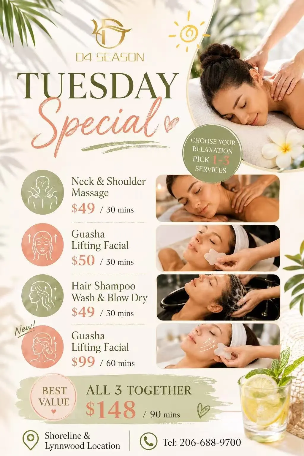 D4 Season Tuesday Special poster — Neck & Shoulder Massage $49, Guasha Lifting Facial $50, Hair Shampoo Wash & Blow Dry $49, all three for $148